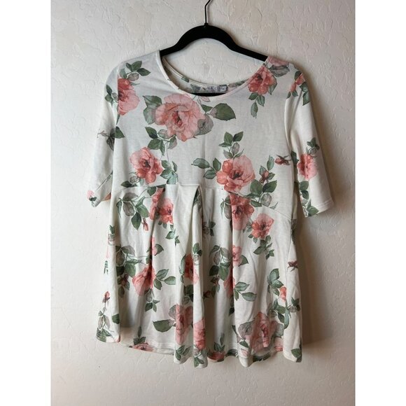 La Clef XL Women Floral Print White Pink Elbow Sleeve Baby Doll Tunic - Picture 1 of 7